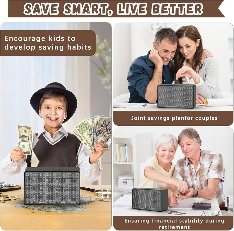 Gomyrod Wooden Money Saving Box, Cash Vault Savings Box for $10000 $5000 $3000 $1000 $800 $500 Target Money Saving Challenge, Reusable Money Box with Counter, Dry Erase Pen/Savings Trackers/Rubber Band-Black - Image 5